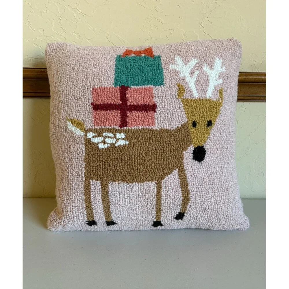 New! Cargo Room Reindeer with Presents Hook Pillow Square Pink Christmas Santa H